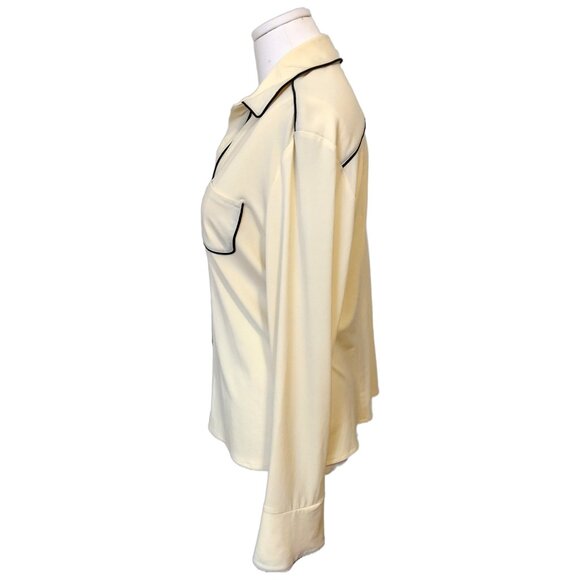 Vintage Pastel Yellow Colour Block Blouse Contrast Retro Long Sleeve Office 14 - Picture 5 of 11